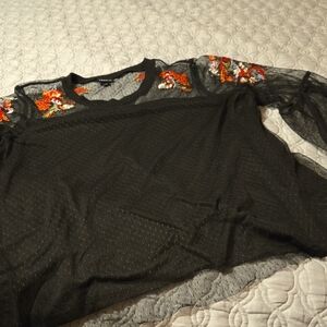 Torrid Black Mesh Blouse with Floral Embroidery
